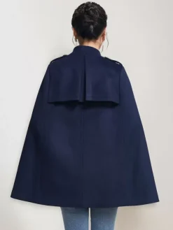 Woolen Cape Coat For Women Stand Collar Dark Navy Double-breasted Winter Poncho Outerwear 2026