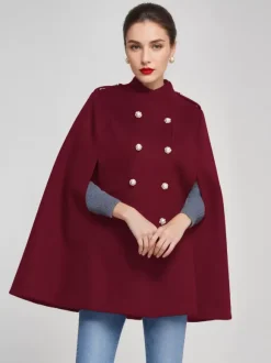 Woolen Cape Coat For Women Stand Collar Dark Navy Double-breasted Winter Poncho Outerwear 2026