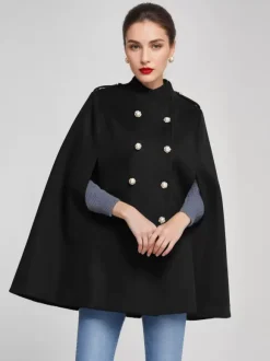 Woolen Cape Coat For Women Stand Collar Dark Navy Double-breasted Winter Poncho Outerwear 2026