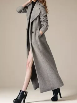 Woolen Coat For Women Turndown Collar Double-breasted Full Length Retro Wrap Coat Winter Outerwear 2026