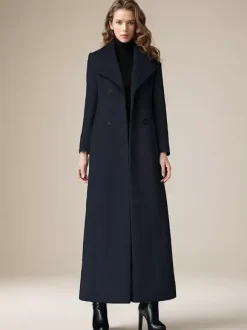 Woolen Coat For Women Turndown Collar Double-breasted Full Length Retro Wrap Coat Winter Outerwear 2026
