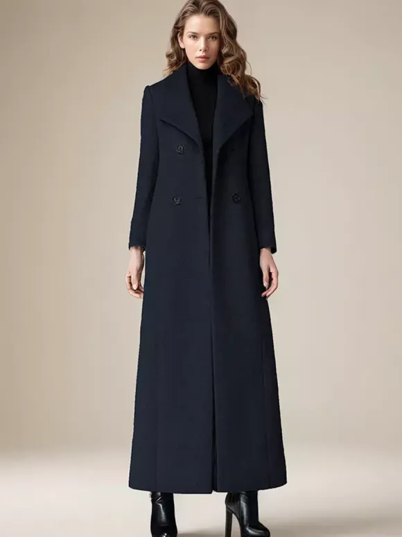 Woolen Coat For Women Turndown Collar Double-breasted Full Length Retro Wrap Coat Winter Outerwear 2026