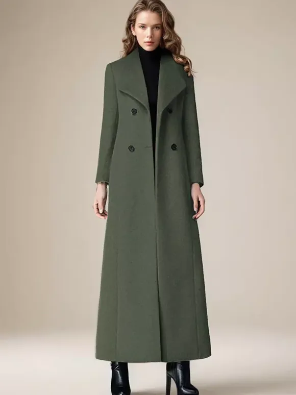 Woolen Coat For Women Turndown Collar Double-breasted Full Length Retro Wrap Coat Winter Outerwear 2026