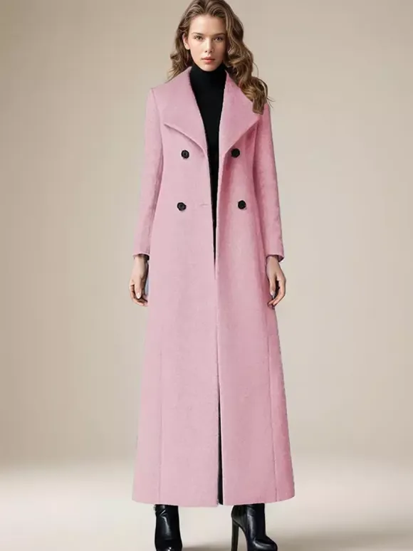 Woolen Coat For Women Turndown Collar Double-breasted Full Length Retro Wrap Coat Winter Outerwear 2026