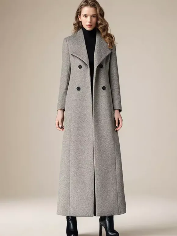 Woolen Coat For Women Turndown Collar Double-breasted Full Length Retro Wrap Coat Winter Outerwear 2026