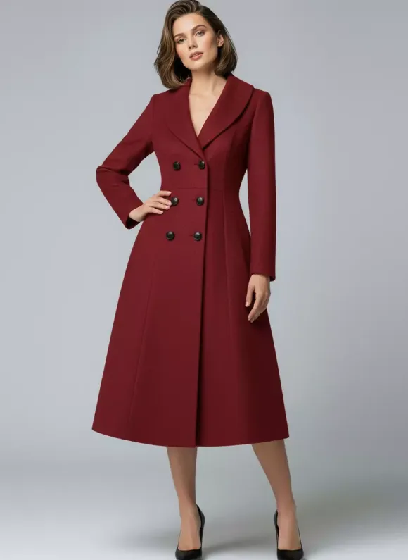 Woolen Double-Breasted A-line Midi Coat With Shawl Collar For Women 2026