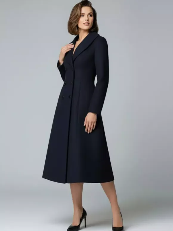 Woolen Double-Breasted A-line Midi Coat With Shawl Collar For Women 2026