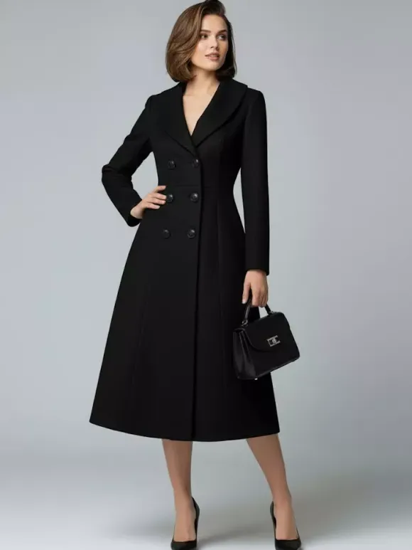 Woolen Double-Breasted A-line Midi Coat With Shawl Collar For Women 2026