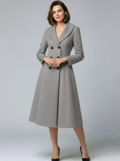 Woolen Double-Breasted A-line Midi Coat With Shawl Collar For Women 2026