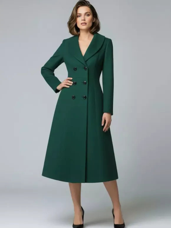 Woolen Double-Breasted A-line Midi Coat With Shawl Collar For Women 2026
