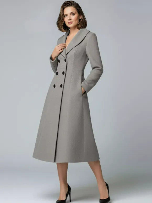 Woolen Double-Breasted A-line Midi Coat With Shawl Collar For Women 2026