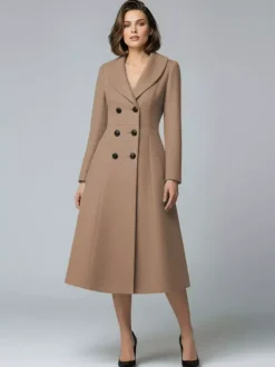 Woolen Double-Breasted A-line Midi Coat With Shawl Collar For Women 2026