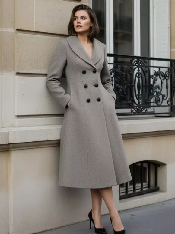 Woolen Double-Breasted A-line Midi Coat With Shawl Collar For Women 2026