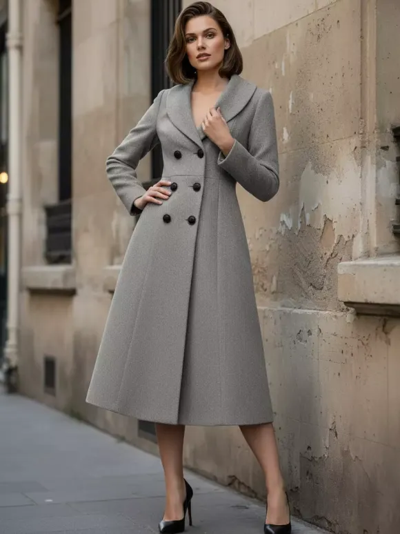 Woolen Double-Breasted A-line Midi Coat With Shawl Collar For Women 2026