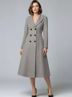 Woolen Double-Breasted A-line Midi Coat With Shawl Collar For Women 2026