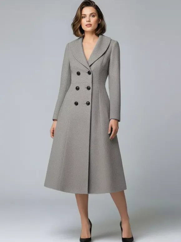 Woolen Double-Breasted A-line Midi Coat With Shawl Collar For Women 2026