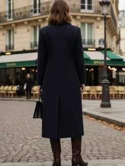 Woolen Double-Breasted Long Coat With Notch Lapel And Flap Pockets For Women 2026
