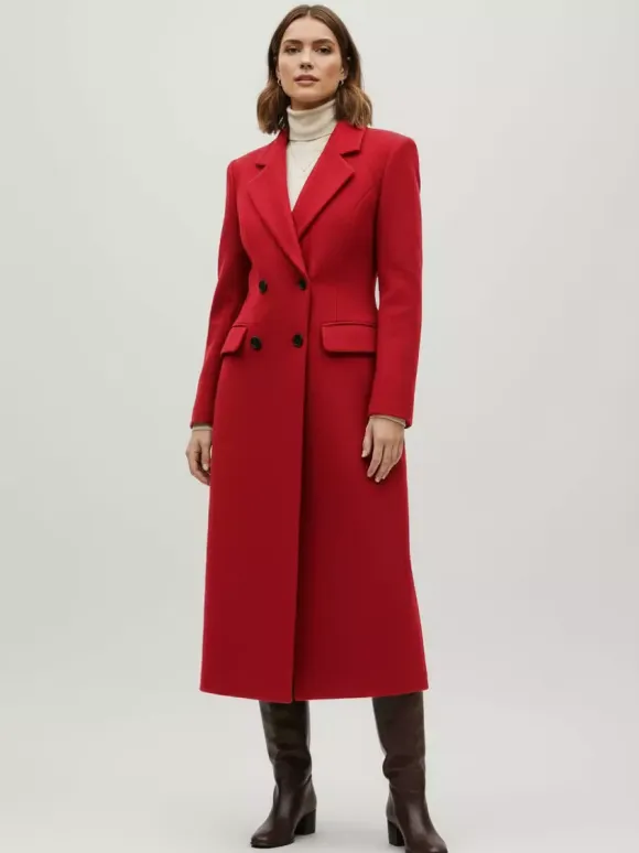 Woolen Double-Breasted Long Coat With Notch Lapel And Flap Pockets For Women 2026