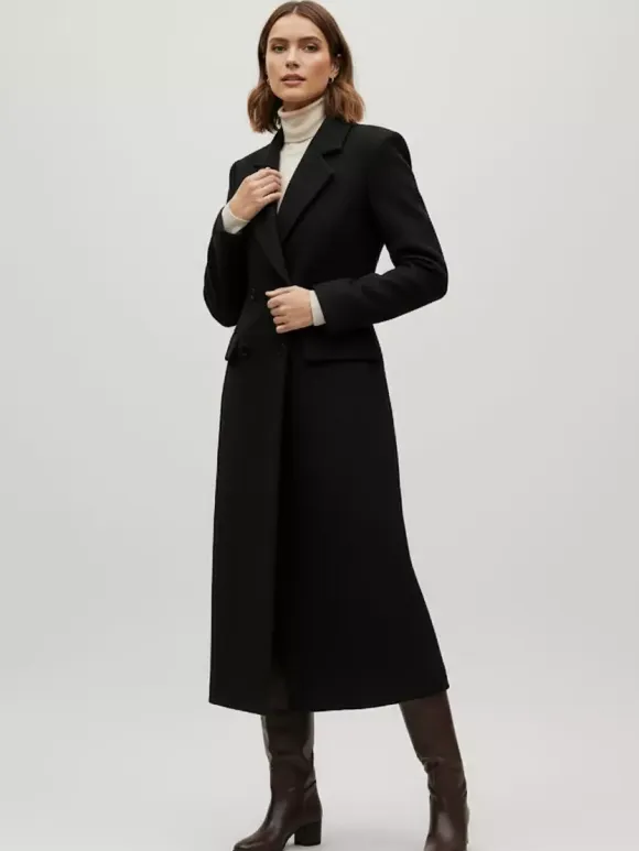 Woolen Double-Breasted Long Coat With Notch Lapel And Flap Pockets For Women 2026