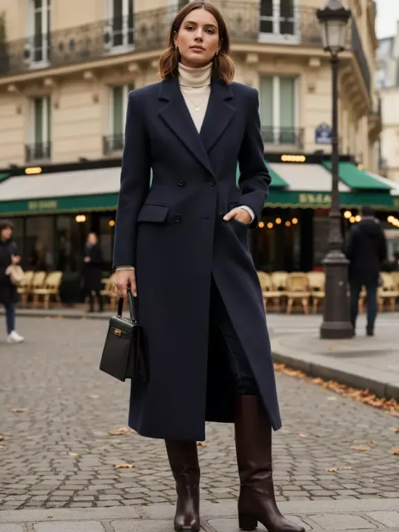 Woolen Double-Breasted Long Coat With Notch Lapel And Flap Pockets For Women 2026