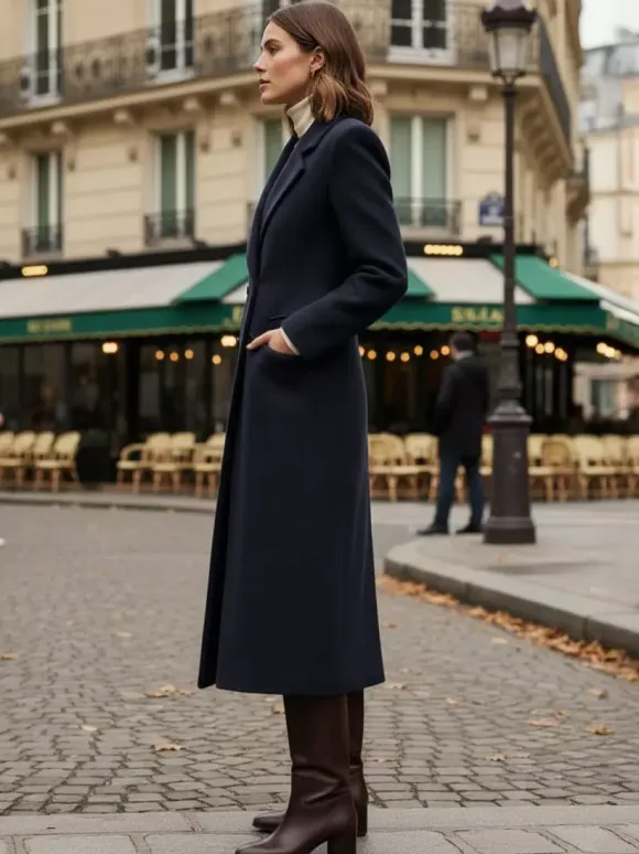 Woolen Double-Breasted Long Coat With Notch Lapel And Flap Pockets For Women 2026