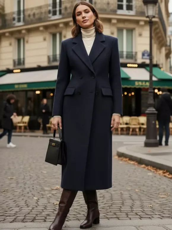 Woolen Double-Breasted Long Coat With Notch Lapel And Flap Pockets For Women 2026