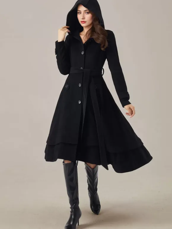 Woolen Flared Coat For Woman Hooded Belted A-line Vintage Winter Midi Outerwear 2026