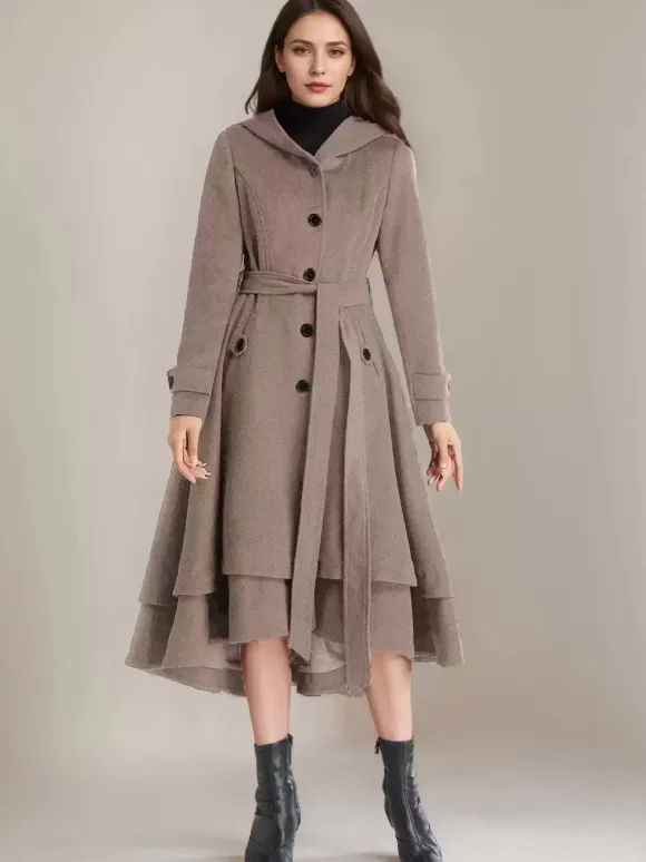 Woolen Flared Coat For Woman Hooded Belted A-line Vintage Winter Midi Outerwear 2026