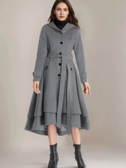 Woolen Flared Coat For Woman Hooded Belted A-line Vintage Winter Midi Outerwear 2026