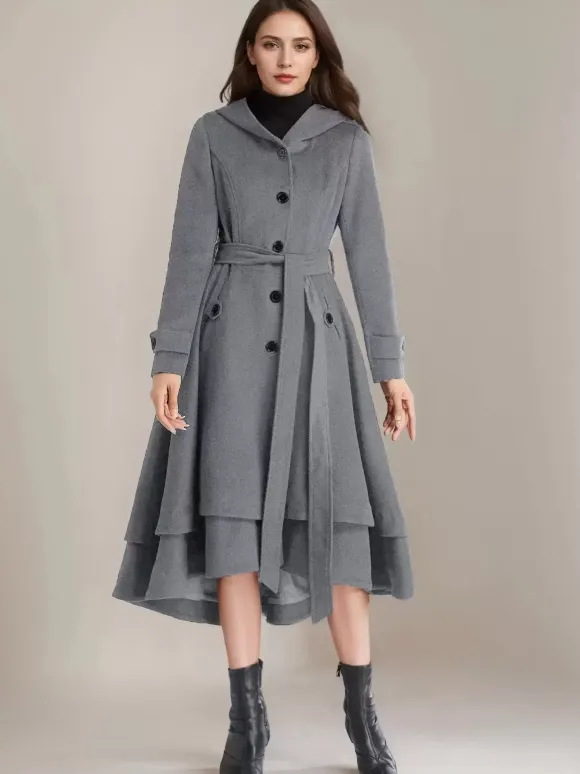 Woolen Flared Coat For Woman Hooded Belted A-line Vintage Winter Midi Outerwear 2026