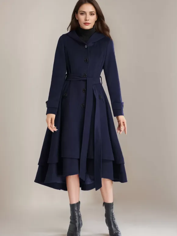 Woolen Flared Coat For Woman Hooded Belted A-line Vintage Winter Midi Outerwear 2026