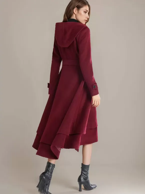 Woolen Flared Coat For Woman Hooded Belted A-line Vintage Winter Midi Outerwear 2026
