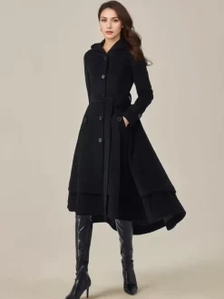 Woolen Flared Coat For Woman Hooded Belted A-line Vintage Winter Midi Outerwear 2026