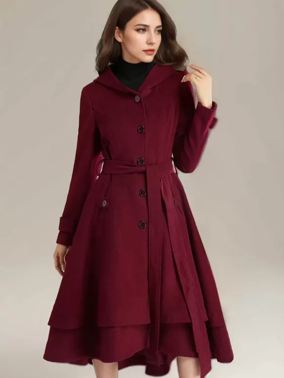 Woolen Flared Coat For Woman Hooded Belted A-line Vintage Winter Midi Outerwear 2026