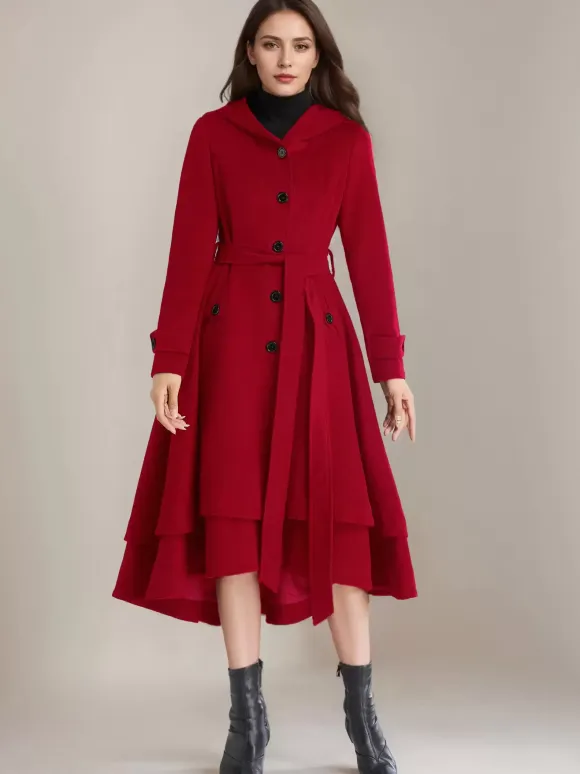 Woolen Flared Coat For Woman Hooded Belted A-line Vintage Winter Midi Outerwear 2026