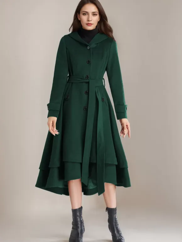 Woolen Flared Coat For Woman Hooded Belted A-line Vintage Winter Midi Outerwear 2026