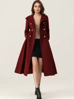 Woolen Flared Coat For Woman Stand Collar Dark Navy Vintage Double-breasted Winter Midi Outerwear 2026