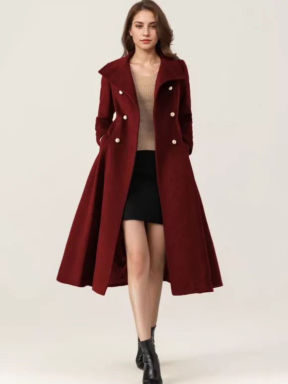 Woolen Flared Coat For Woman Stand Collar Dark Navy Vintage Double-breasted Winter Midi Outerwear 2026