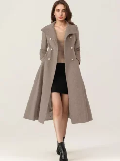 Woolen Flared Coat For Woman Stand Collar Dark Navy Vintage Double-breasted Winter Midi Outerwear 2026