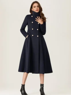 Woolen Flared Coat For Woman Stand Collar Dark Navy Vintage Double-breasted Winter Midi Outerwear 2026