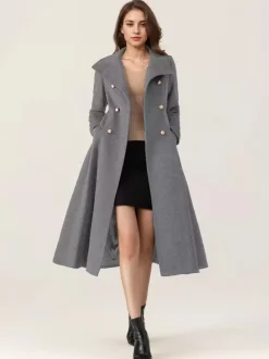 Woolen Flared Coat For Woman Stand Collar Dark Navy Vintage Double-breasted Winter Midi Outerwear 2026