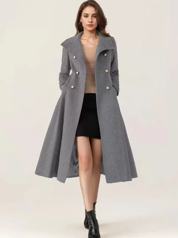 Woolen Flared Coat For Woman Stand Collar Dark Navy Vintage Double-breasted Winter Midi Outerwear 2026