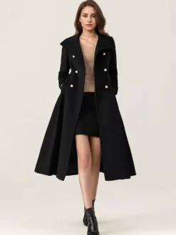 Woolen Flared Coat For Woman Stand Collar Dark Navy Vintage Double-breasted Winter Midi Outerwear 2026