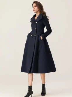 Woolen Flared Coat For Woman Stand Collar Dark Navy Vintage Double-breasted Winter Midi Outerwear 2026