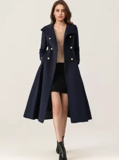 Woolen Flared Coat For Woman Stand Collar Dark Navy Vintage Double-breasted Winter Midi Outerwear 2026