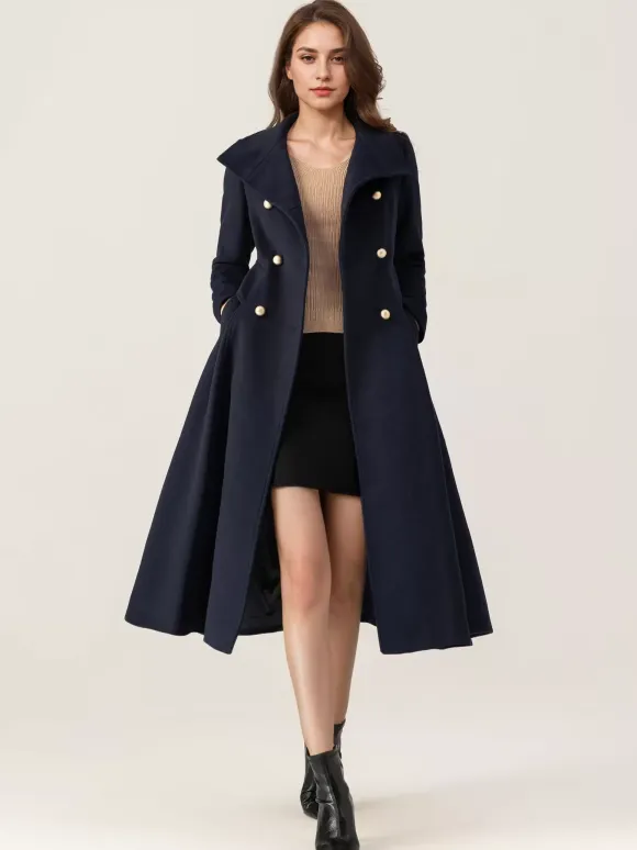 Woolen Flared Coat For Woman Stand Collar Dark Navy Vintage Double-breasted Winter Midi Outerwear 2026