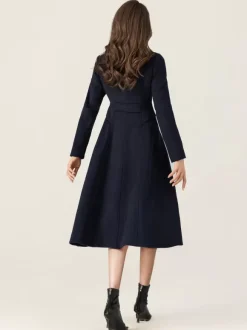 Woolen Flared Coat For Woman Stand Collar Dark Navy Vintage Double-breasted Winter Midi Outerwear 2026
