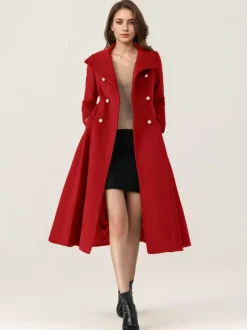 Woolen Flared Coat For Woman Stand Collar Dark Navy Vintage Double-breasted Winter Midi Outerwear 2026