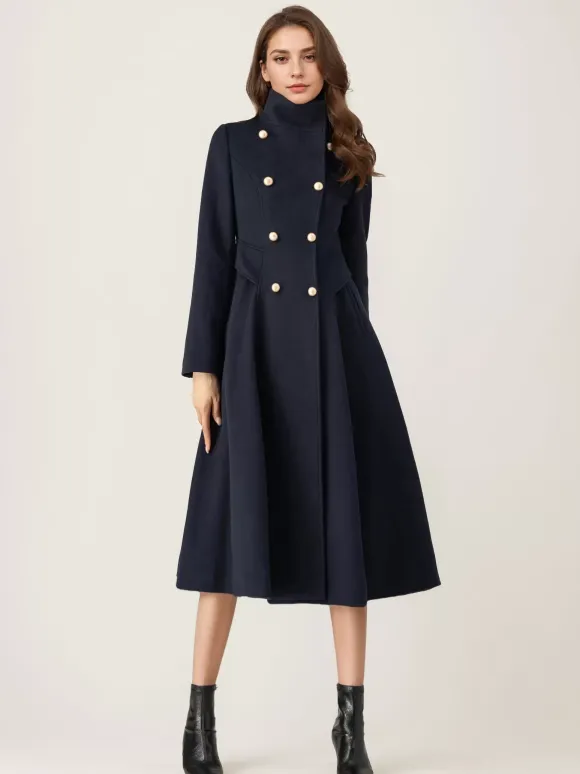 Woolen Flared Coat For Woman Stand Collar Dark Navy Vintage Double-breasted Winter Midi Outerwear 2026
