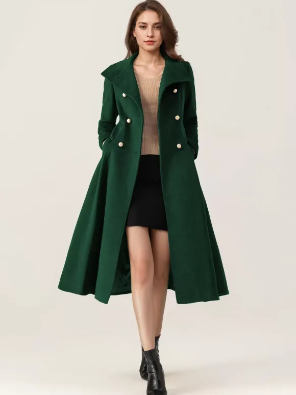 Woolen Flared Coat For Woman Stand Collar Dark Navy Vintage Double-breasted Winter Midi Outerwear 2026